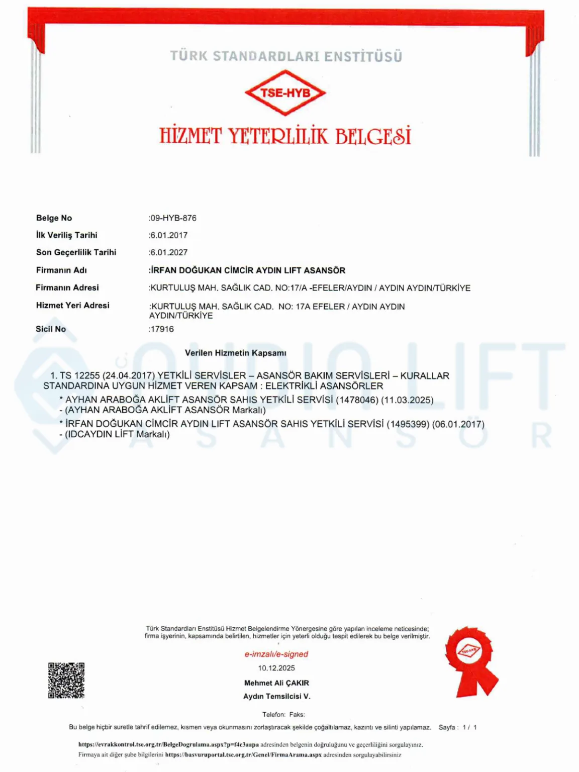 Hizmet Yeterlilik Belgesi