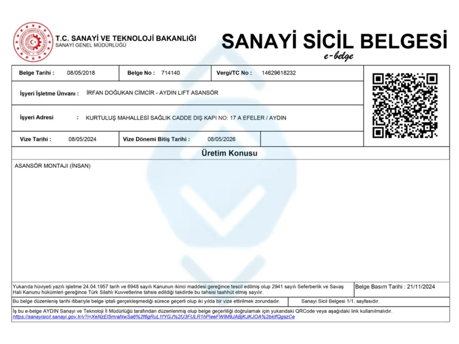 Sanayi Sicil Belgesi